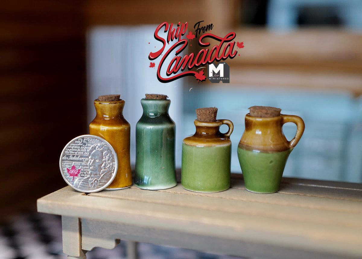 1:12 Scale Miniature Ceramic Jugs with Corks, Set of 4, 1-3/8 to 1-9/16 inch tall, DIY Dollhouse Supply