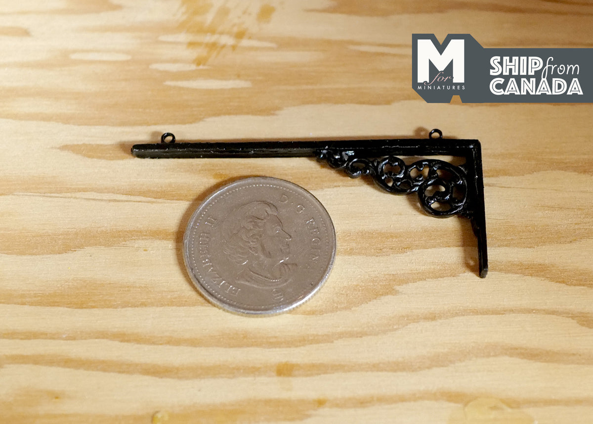 1:12 Scale Miniature Hanging Sign Bracket, Ornate Scrollwork, 2-3/16 inch long, DIY Dollhouse Supply (black)