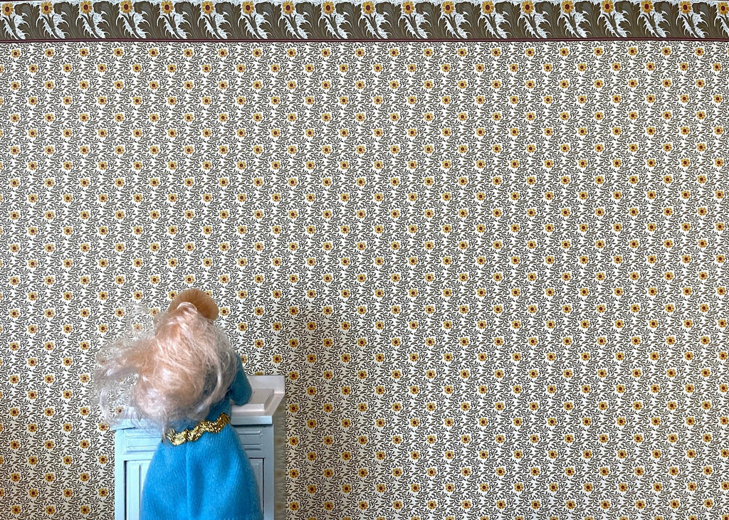 1:12 Scale Miniature Sunflower Wallpaper with Printed Border, 17-15/16 x 11-7/16 inch, DIY Dollhouse Supply (cream)