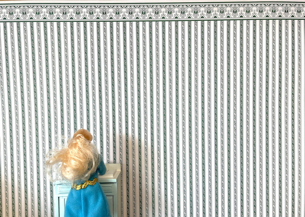1:12 Scale Miniature Regency Green Stripe Wallpaper with Printed Border, 16-15/16 x 12 inch, DIY Dollhouse Supply