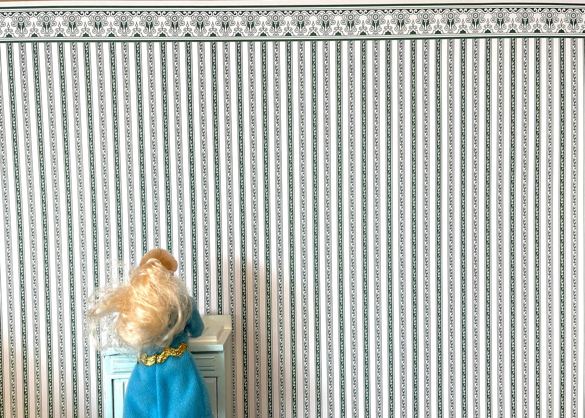 1:12 Scale Miniature Regency Green Stripe Wallpaper with Printed Border, 16-15/16 x 12 inch, DIY Dollhouse Supply