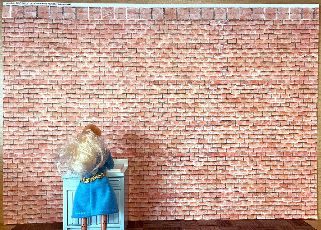 1:12 scale miniature clay roof tile paper for tile hung walls, red terracotta tile print, shown behind a doll for scale