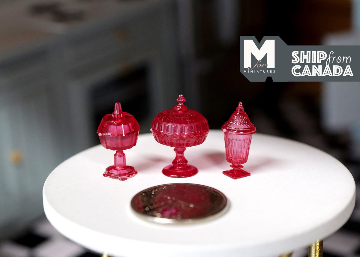 1:12 Scale Miniature Footed Candy Dishes with Lids, Set of 3, 13/16 inch tall, DIY Dollhouse Supply (red)