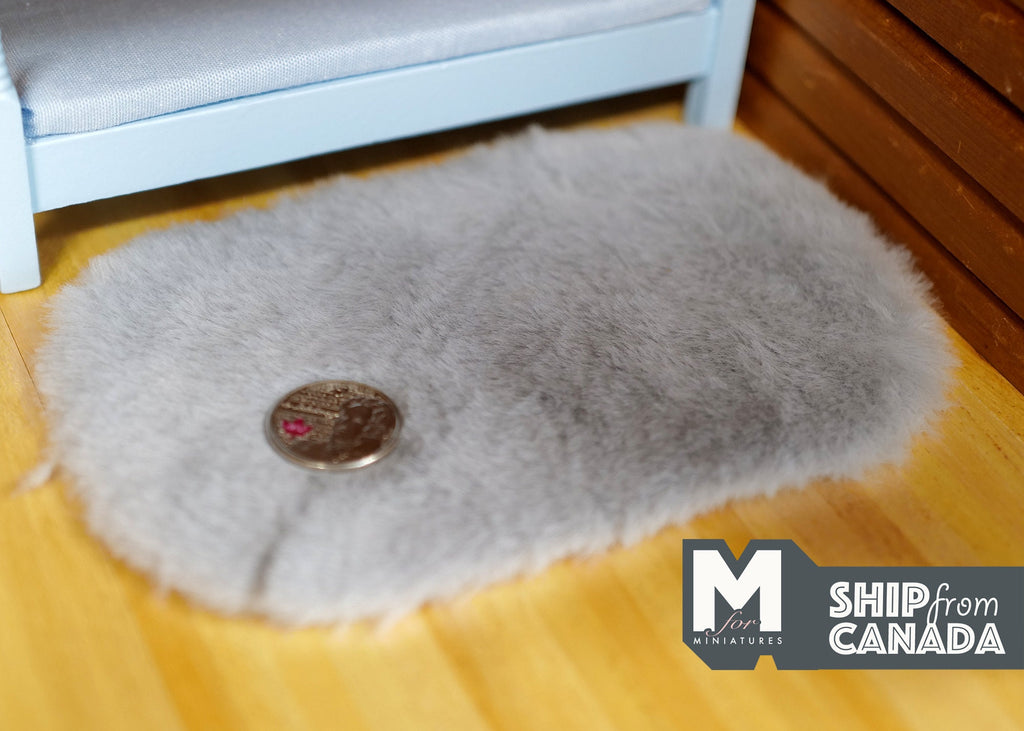 1:12 Scale Miniature Faux Sheepskin Rug, Oval, 6-1/2 inch long, DIY Dollhouse Supply (gray)