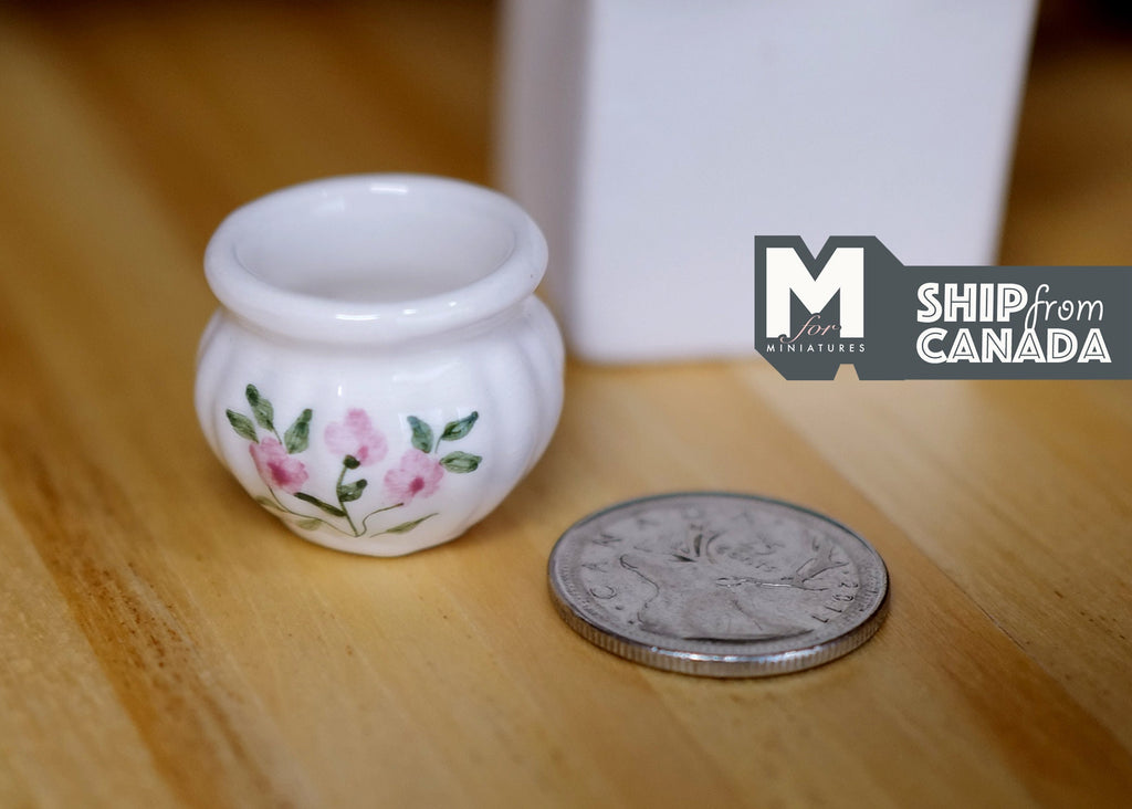 1:12 Scale Miniature Ceramic Round Flower Pot, Floral and Leaf Pattern, 7/8 inch tall, DIY Dollhouse Supply (white)