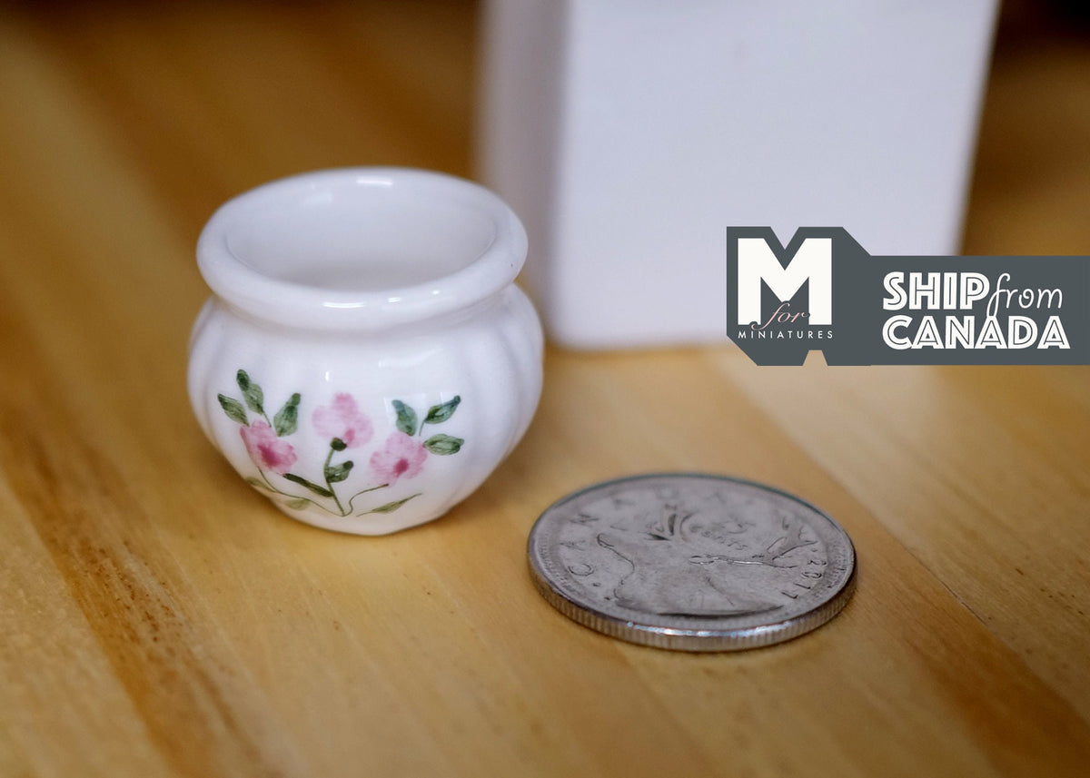 1:12 Scale Miniature Ceramic Round Flower Pot, Floral and Leaf Pattern, 7/8 inch tall, DIY Dollhouse Supply (white)