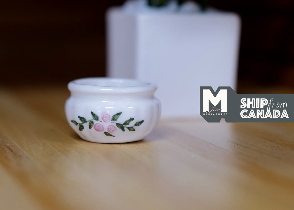 1:12 Scale Miniature Ceramic Round Flower Pot, Pink Floral Decal, 11/16 inch tall, DIY Dollhouse Supply (white)