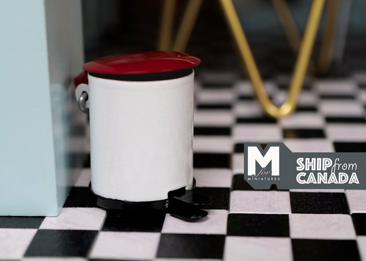 1:12 Scale Miniature Pedal Trash Can with Lid, 1-3/8 inch tall, DIY Dollhouse Supply (white and dark red)