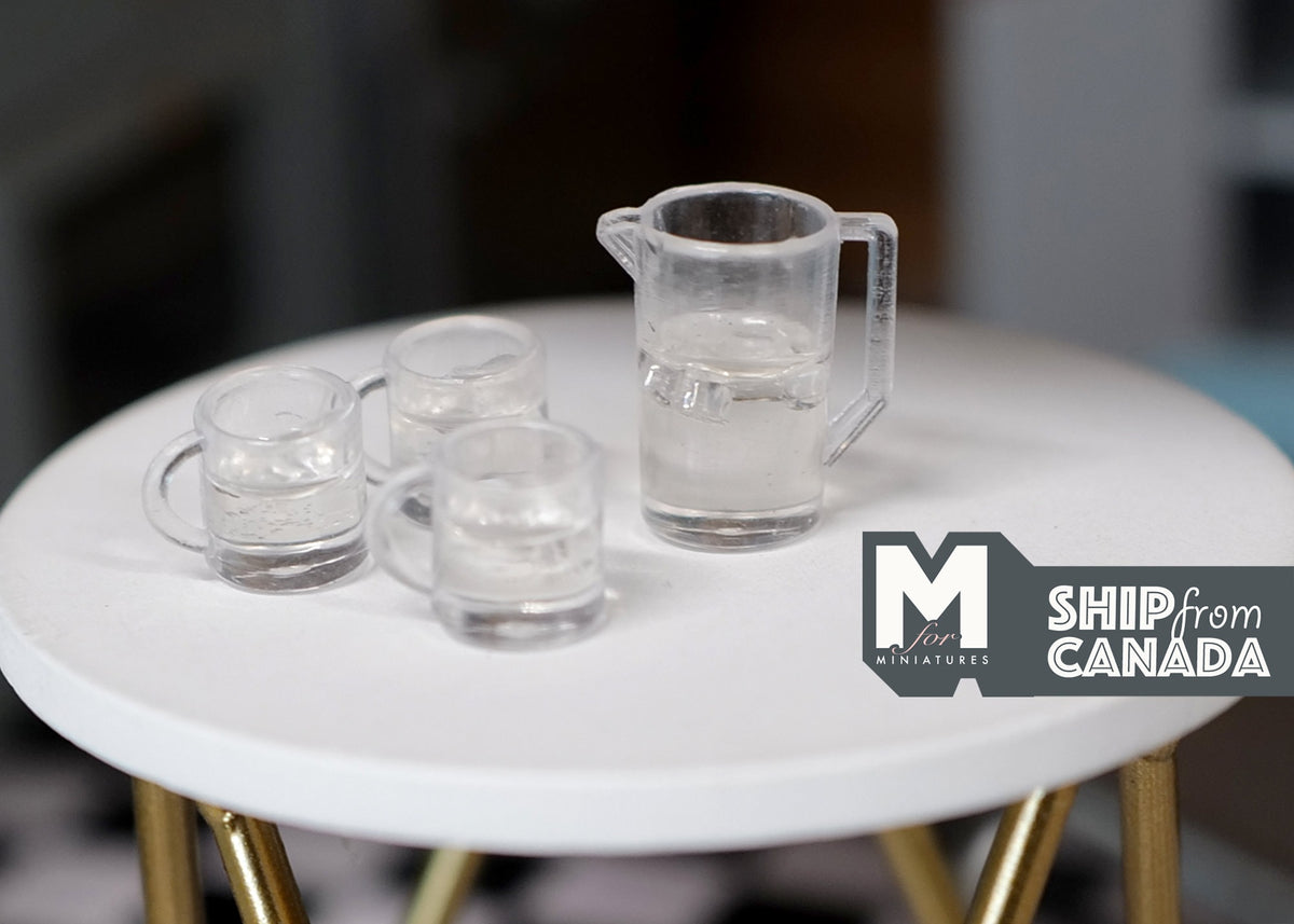 1:12 Scale Miniature Ice Water Jar and 3 Glasses, Set of 4, 13/16 inch tall, DIY Dollhouse Supply