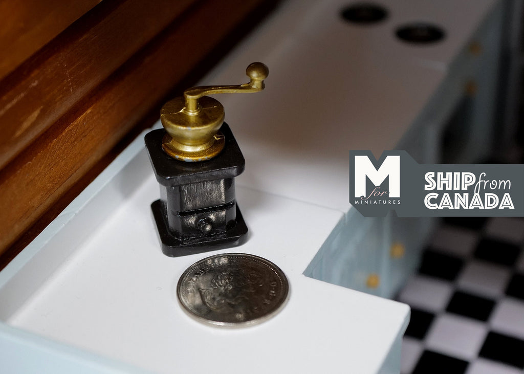 1:12 Scale Miniature Coffee Bean Grinder with Crank Handle and Drawer, 1-15/16 inch tall, DIY Dollhouse Supply (black and gold)