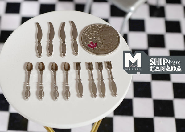 Dollhouse Metal Flatware 1:12 Scale Miniature Tableware Cutlery Set of 12 - F074