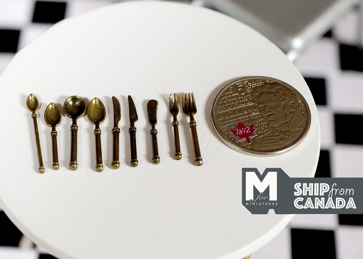 1:12 Scale Miniature Metal Tableware with Serving Ladles, Set of 9, 7/8 inch long, DIY Dollhouse Supply (gold)