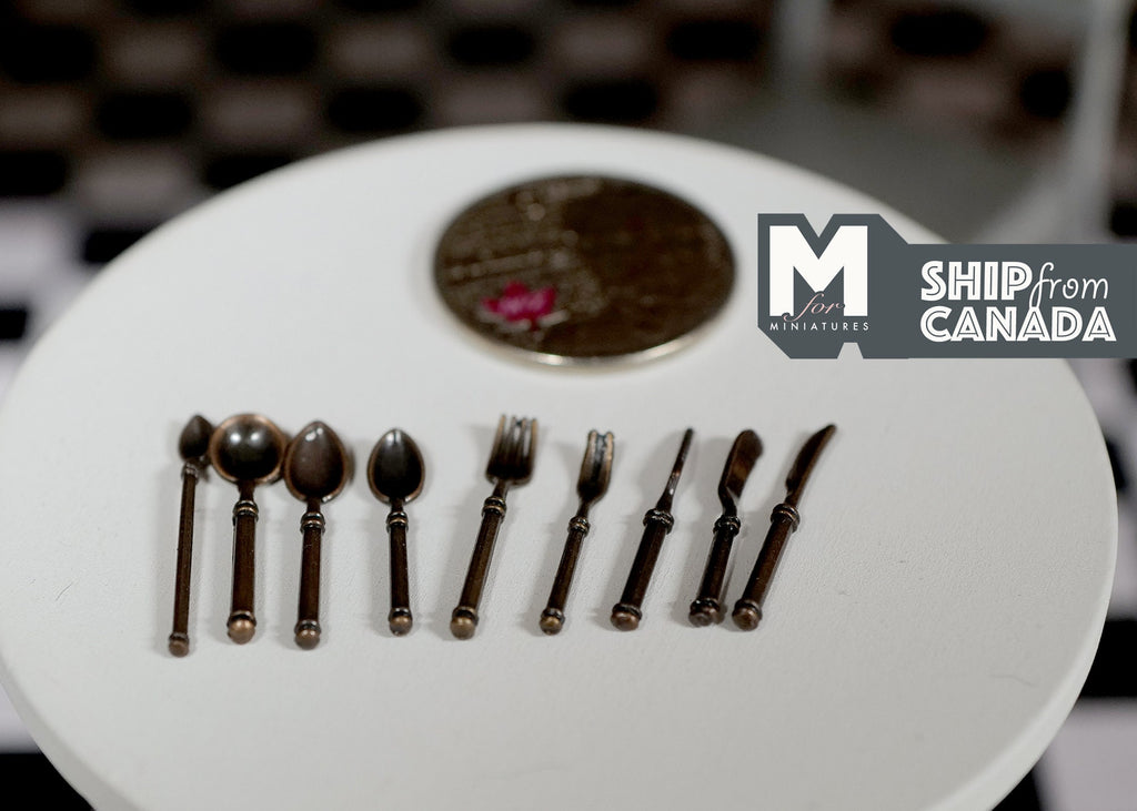 Miniature Metal Flatware Set of 9 , 1:12 Scale Dollhouse Dining Ware Tableware Set Salad Fork Butter Knife Soup Spoon (bronze) - F074