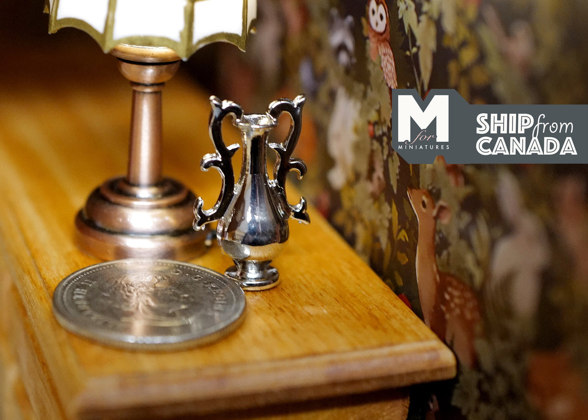 1:12 Scale Miniature Metal Urn Vase with Scroll Handles, on Pedestal, 1 inch tall, DIY Dollhouse Supply (silver)