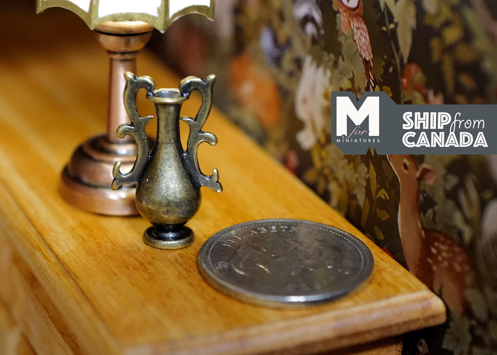 1:12 Scale Miniature Metal Amphora Vase with Scroll Handles, 1 inch tall, DIY Dollhouse Supply (bronze)