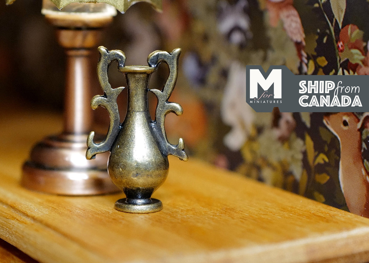 1:12 Scale Miniature Metal Amphora Vase with Scroll Handles, 1 inch tall, DIY Dollhouse Supply (bronze)