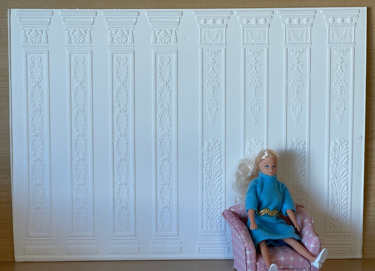 1:12 Scale Miniature Ornate Pilaster Wall Panel, Embossed Foam Board, 13-1/2 x 9-3/4 inch, DIY Dollhouse Supply