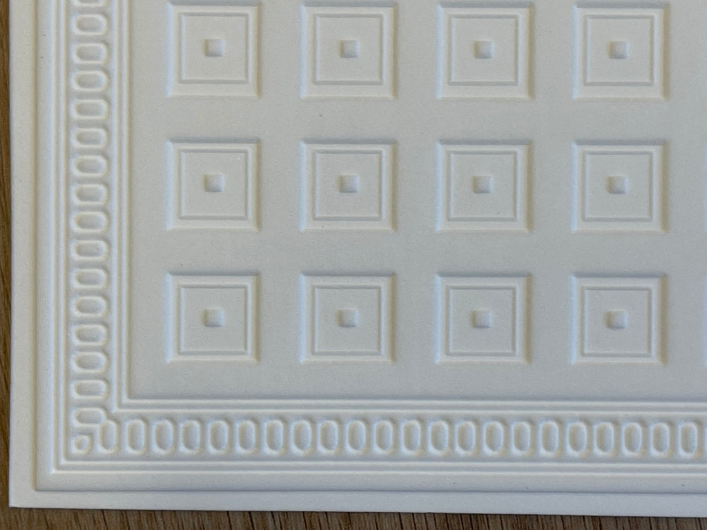 1:12 scale miniature coffered ceiling panel in white embossed foam board with square panels and patterned border