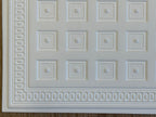 1:12 scale miniature coffered ceiling panel in white embossed foam board with square panels and patterned border