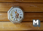 1:12 scale miniature non working wood floral wall clock with girl design, octagon frame and Roman numerals