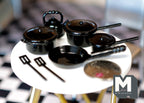 1:12 Scale Miniature Pots and Pans Set with Lids, 7 Pieces, DIY Dollhouse Supply (black)