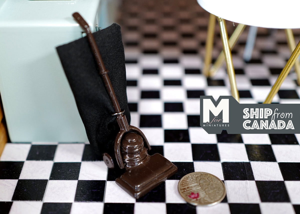 1:12 Scale Miniature Retro Upright Vacuum Cleaner with Bag, 2-15/16 inch tall, DIY Dollhouse Supply (bronze)