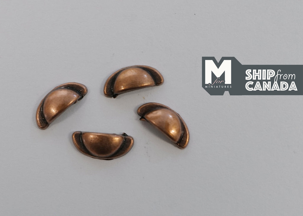 1:12 scale miniature bronze half moon cabinet cup pulls, set of 4, shown on a light gray background
