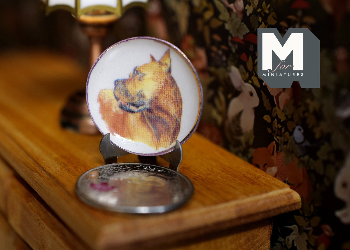 1:12 Scale Miniature Ceramic Wall Plate with Metal Stand, Dog Portrait, 1 inch dia., DIY Dollhouse Supply (f)
