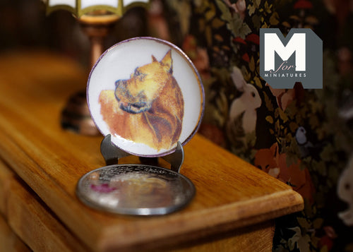 1:12 Scale Miniature Ceramic Wall Plate with Metal Stand, Dog Portrait, 1 inch dia., DIY Dollhouse Supply (f)