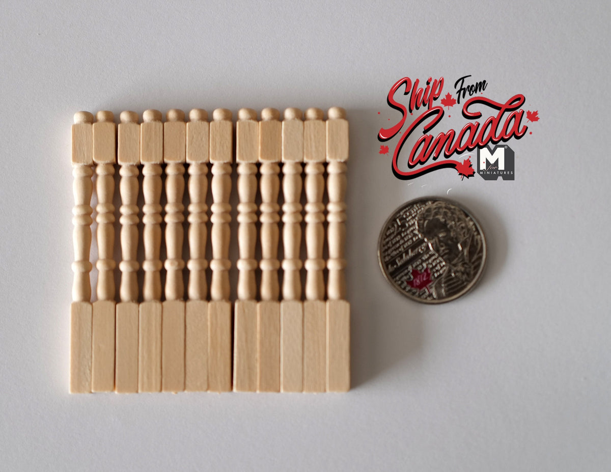 1:12 Scale Miniature Unpainted Wood Dollhouse Round Top Balusters, Set of 12, 2-7/16 inch tall