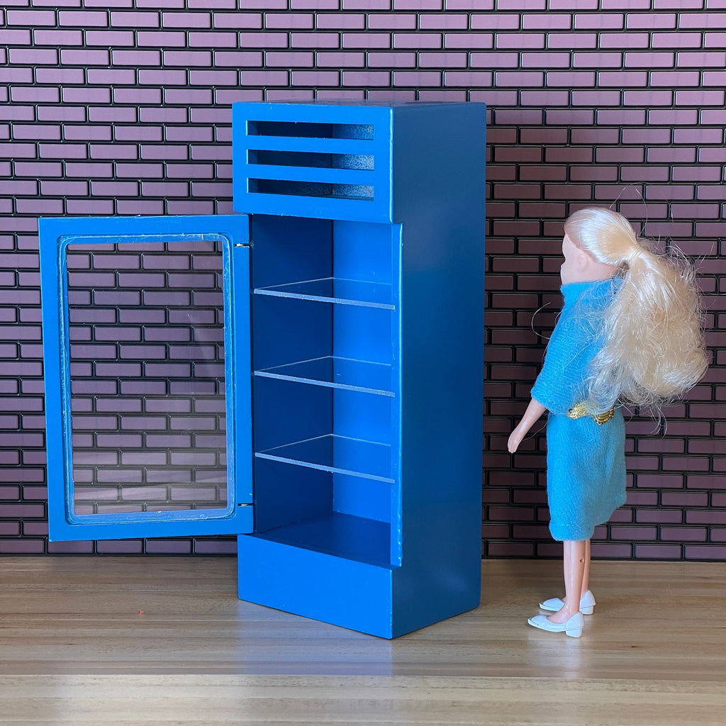 1:12 Scale Miniature Column Beverage Cooler with Glass Door, 4 Shelves, 6-15/16 inch tall, DIY Dollhouse Supply (blue)