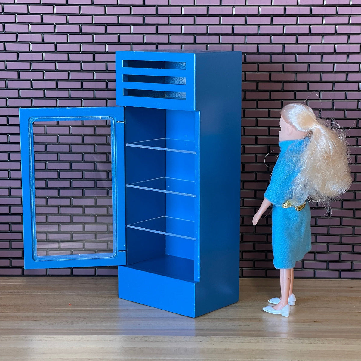 1:12 Scale Miniature Column Beverage Cooler with Glass Door, 4 Shelves, 6-15/16 inch tall, DIY Dollhouse Supply (blue)