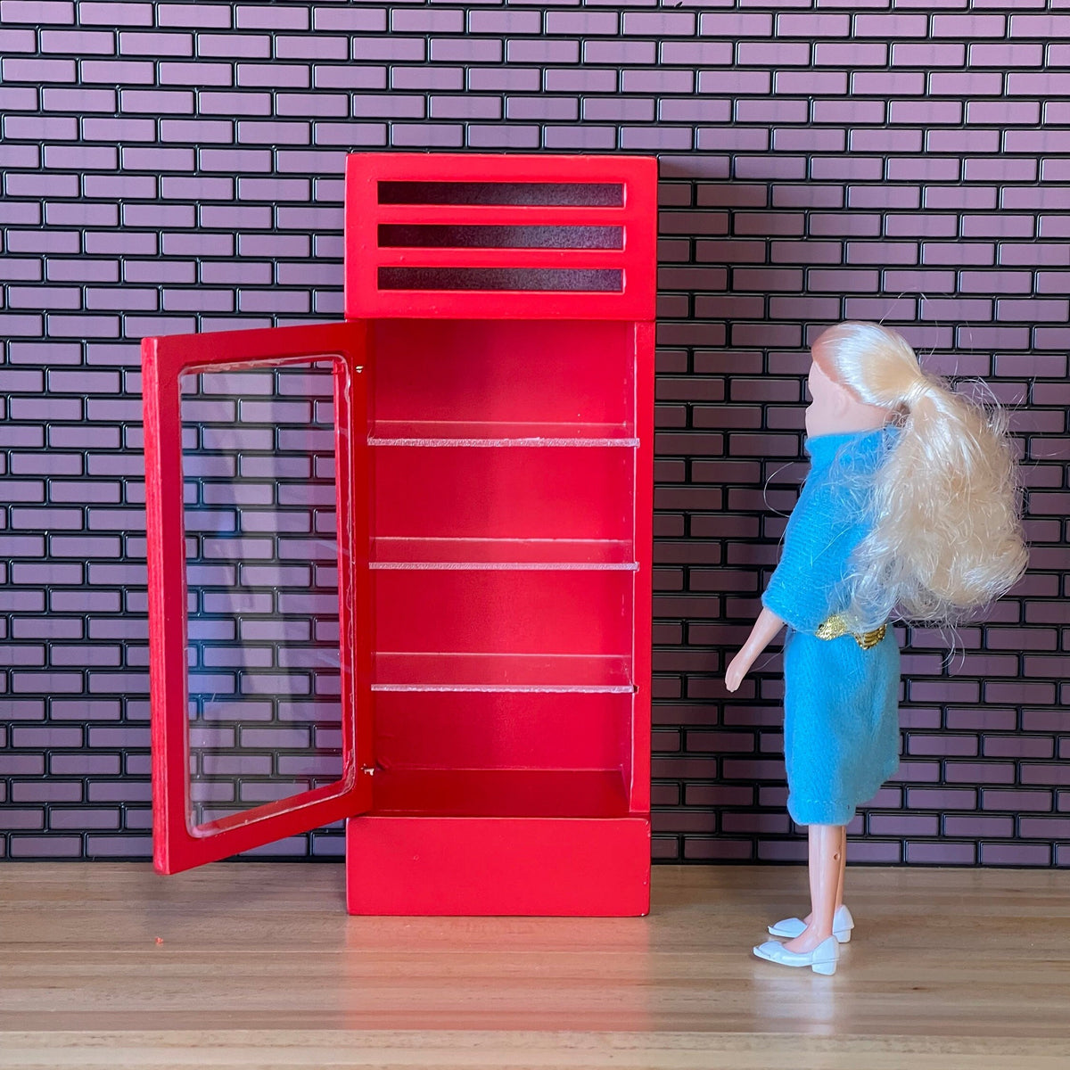 1:12 Scale Miniature Beverage Cooler with Glass Door, 4 Shelves, 6-15/16 inch tall, DIY Dollhouse Supply (red)