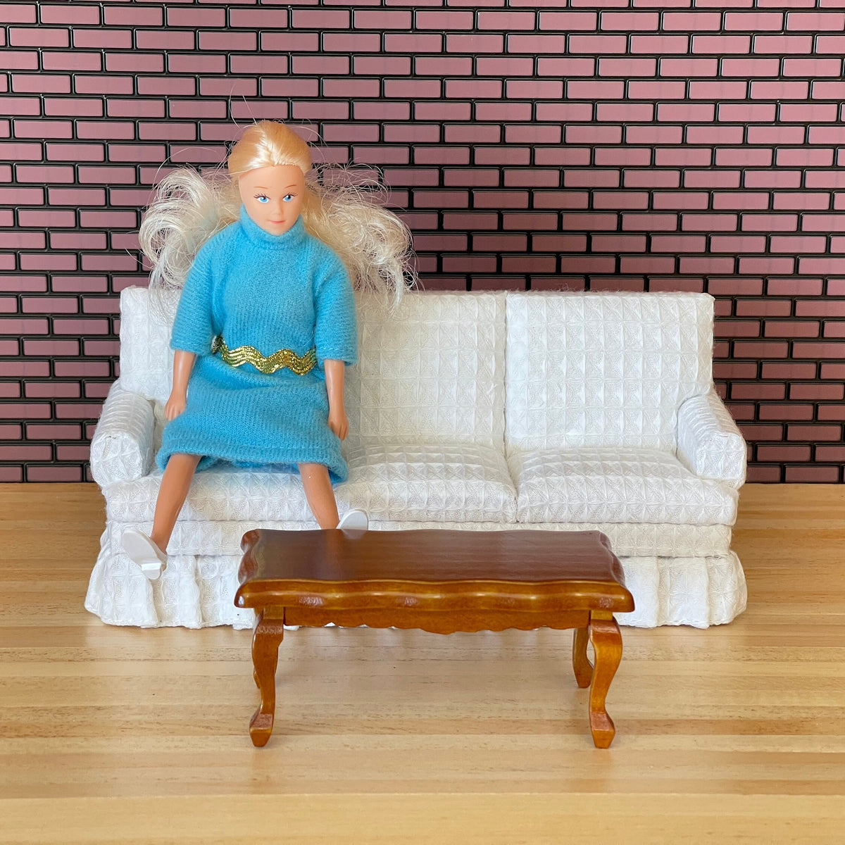 1:12 Scale Miniature White Fabric 3 Seat Sofa and Wood Coffee Table, Set of 2, 6-11/16 inch wide, DIY Dollhouse Supply