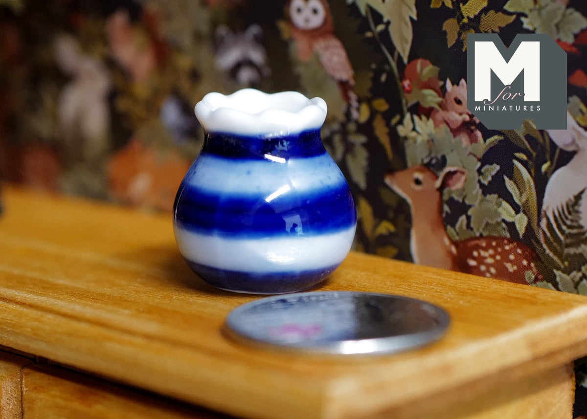 1:12 Scale Miniature Ceramic Flower Pot, White with Blue Stripes, Ruffled Rim, 7/8 inch tall, DIY Dollhouse Supply