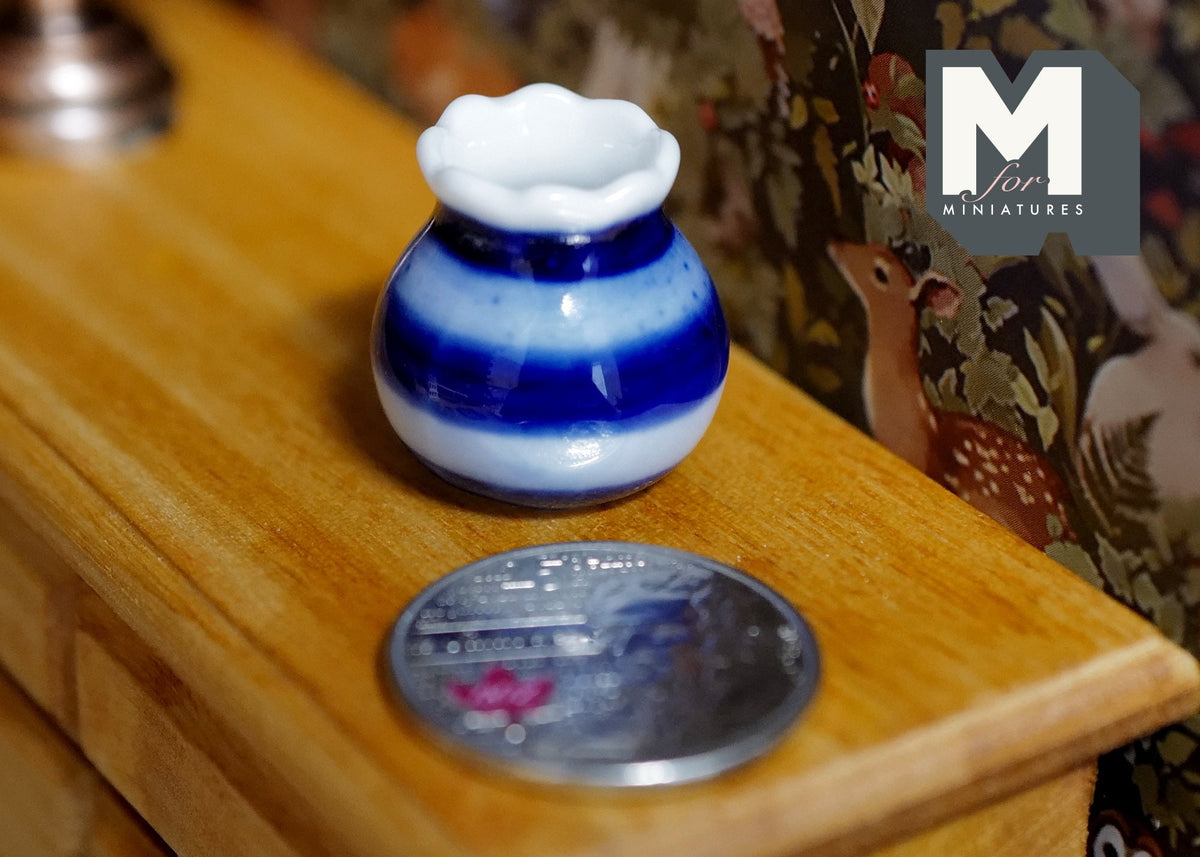 1:12 Scale Miniature Ceramic Flower Pot, White with Blue Stripes, Ruffled Rim, 7/8 inch tall, DIY Dollhouse Supply