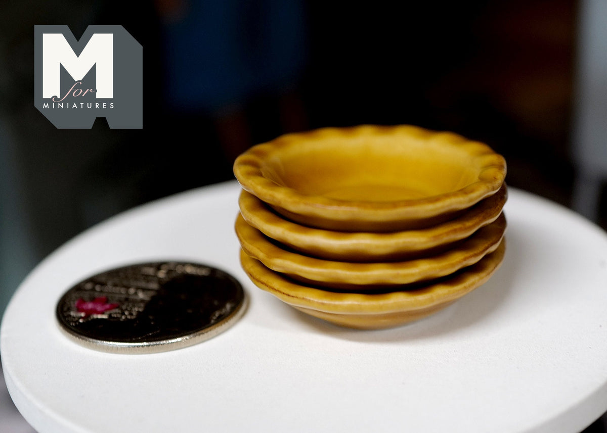 1:12 Scale Miniature Ceramic Plates with Rim, Set of 4, 1-5/16 inch dia., DIY Dollhouse Supply (mustard yellow)
