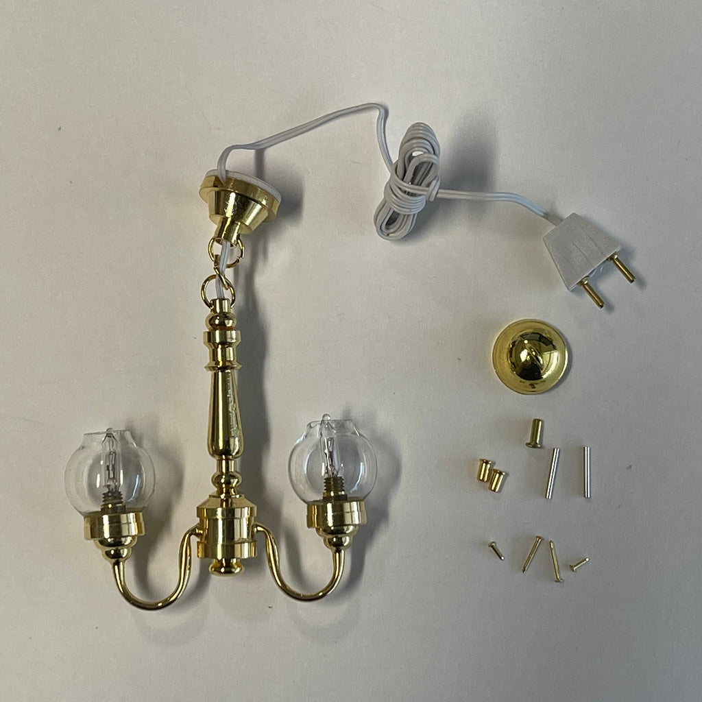 1:12 scale miniature brass globe chandelier with 2 arms and clear glass globes, 12V LED, shown with plug and parts