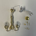 1:12 scale miniature brass globe chandelier with 2 arms and clear glass globes, 12V LED, shown with plug and parts