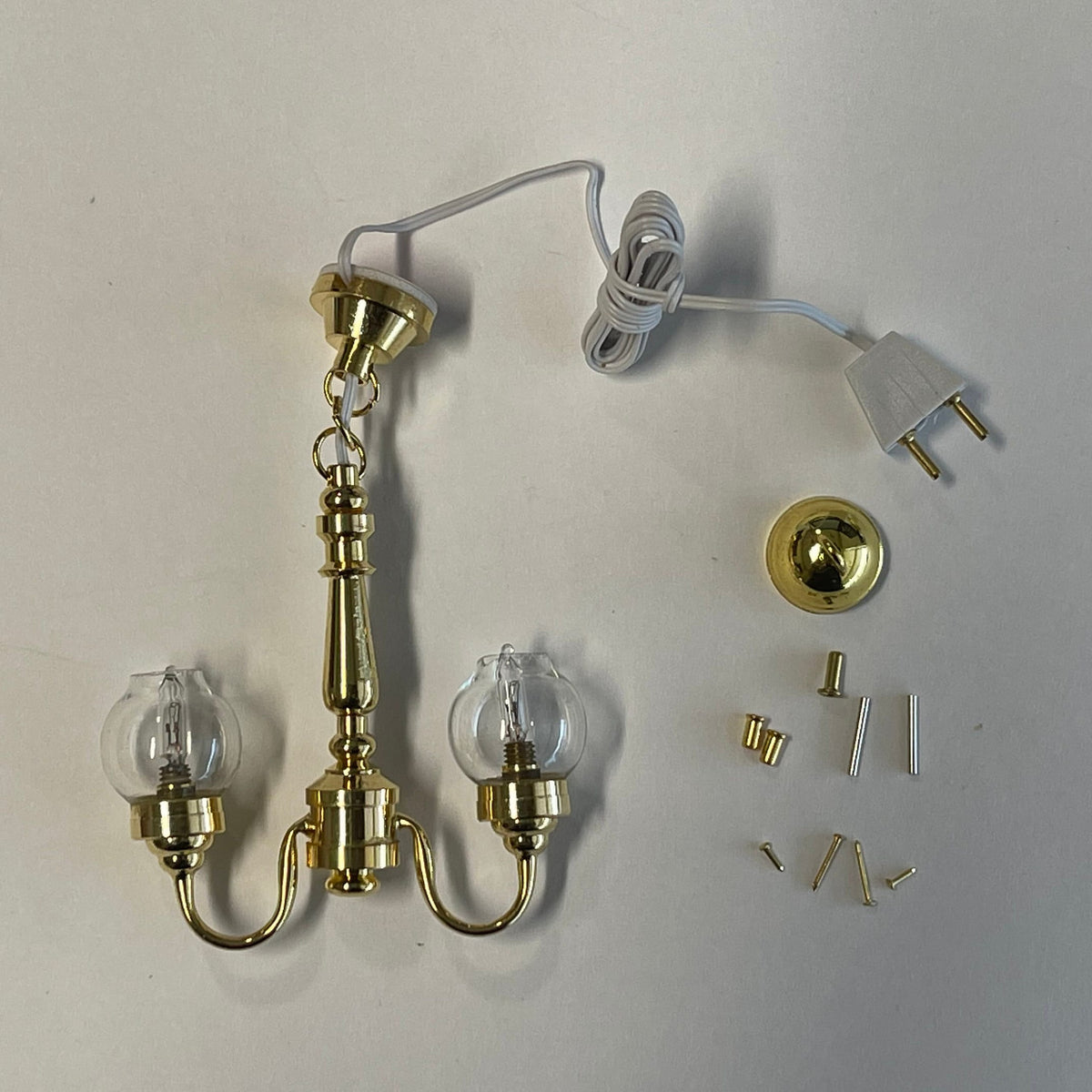 1:12 Scale Miniature Brass Globe Chandelier, 2 Arms, Clear Glass Globes, 12V LED, 2-5/8 inch tall, DIY Dollhouse Supply
