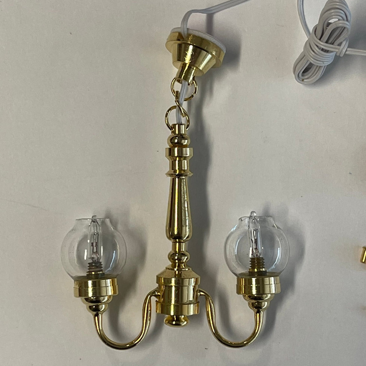 1:12 Scale Miniature Brass Globe Chandelier, 2 Arms, Clear Glass Globes, 12V LED, 2-5/8 inch tall, DIY Dollhouse Supply