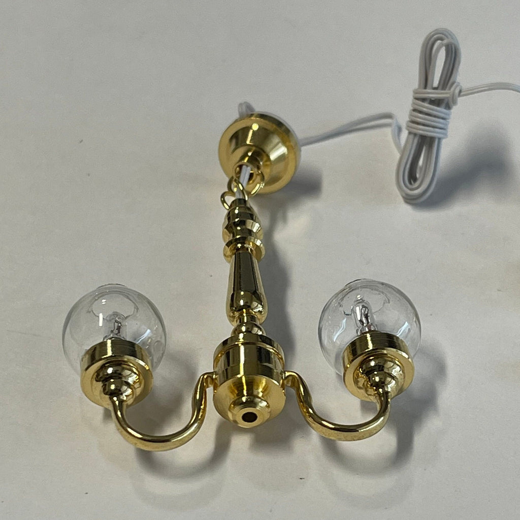 1:12 Scale Miniature Brass Globe Chandelier, 2 Arms, Clear Glass Globes, 12V LED, 2-5/8 inch tall, DIY Dollhouse Supply