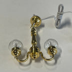1:12 Scale Miniature Brass Globe Chandelier, 2 Arms, Clear Glass Globes, 12V LED, 2-5/8 inch tall, DIY Dollhouse Supply