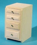 1:12 scale miniature wood kitchen base cabinet kit with 4 drawers, shown assembled in natural wood on blue