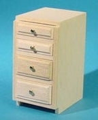 1:12 scale miniature wood kitchen base cabinet kit with 4 drawers, shown assembled in natural wood on blue