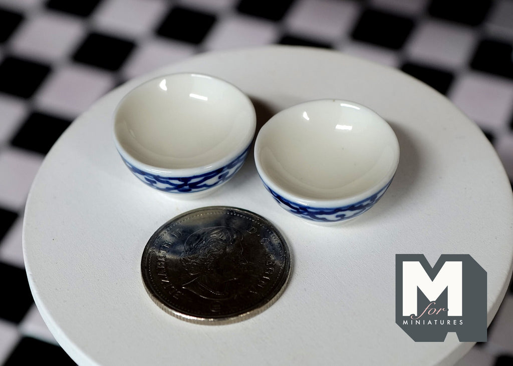 1:12 Scale Miniature Ceramic Bowls, Set of 2, 7/8 inch dia., DIY Dollhouse Supply (blue and white)