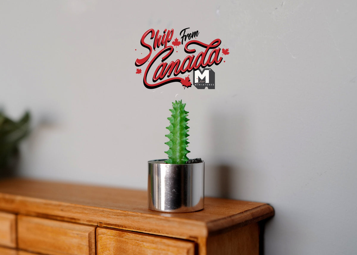 1:12 Scale Miniature Cactus in Silver Round Metal Pot, 1-5/8 inch tall, DIY Dollhouse Supply (short)