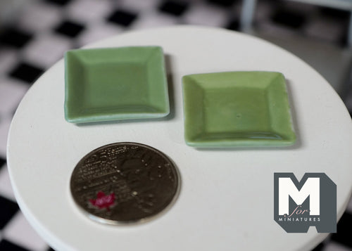1:12 Scale Miniature Ceramic Square Plates, Set of 2, 1 inch wide, DIY Dollhouse Supply (celadon green)