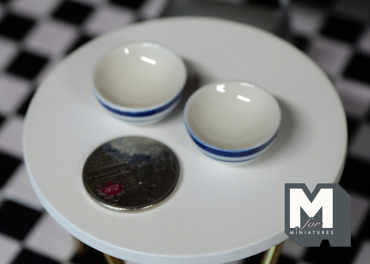 1:12 Scale Miniature Ceramic Bowls, Set of 2, 7/8 inch dia., DIY Dollhouse Supply (blue stripe)