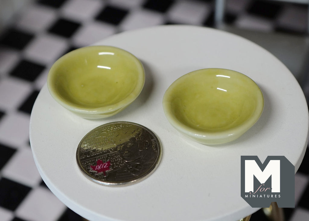 1:12 Scale Miniature Ceramic Bowls, Set of 2, 1-1/8 inch dia., DIY Dollhouse Supply (olive green)